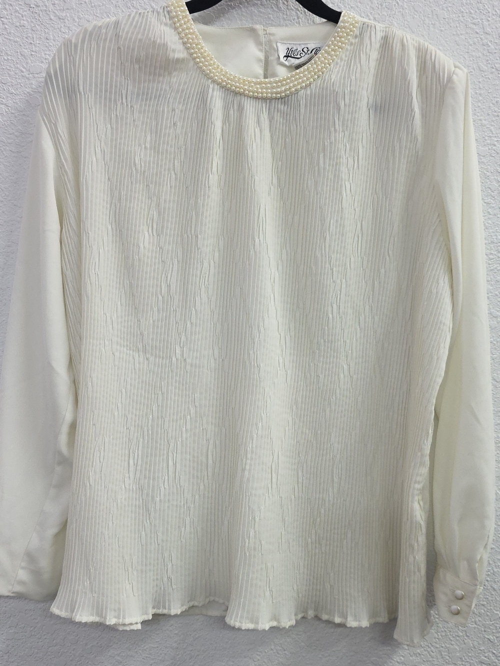 Yves St. Clair Pearl Collar Pleated Blouse Ivory Long Sleeve Size 10 Vintage
